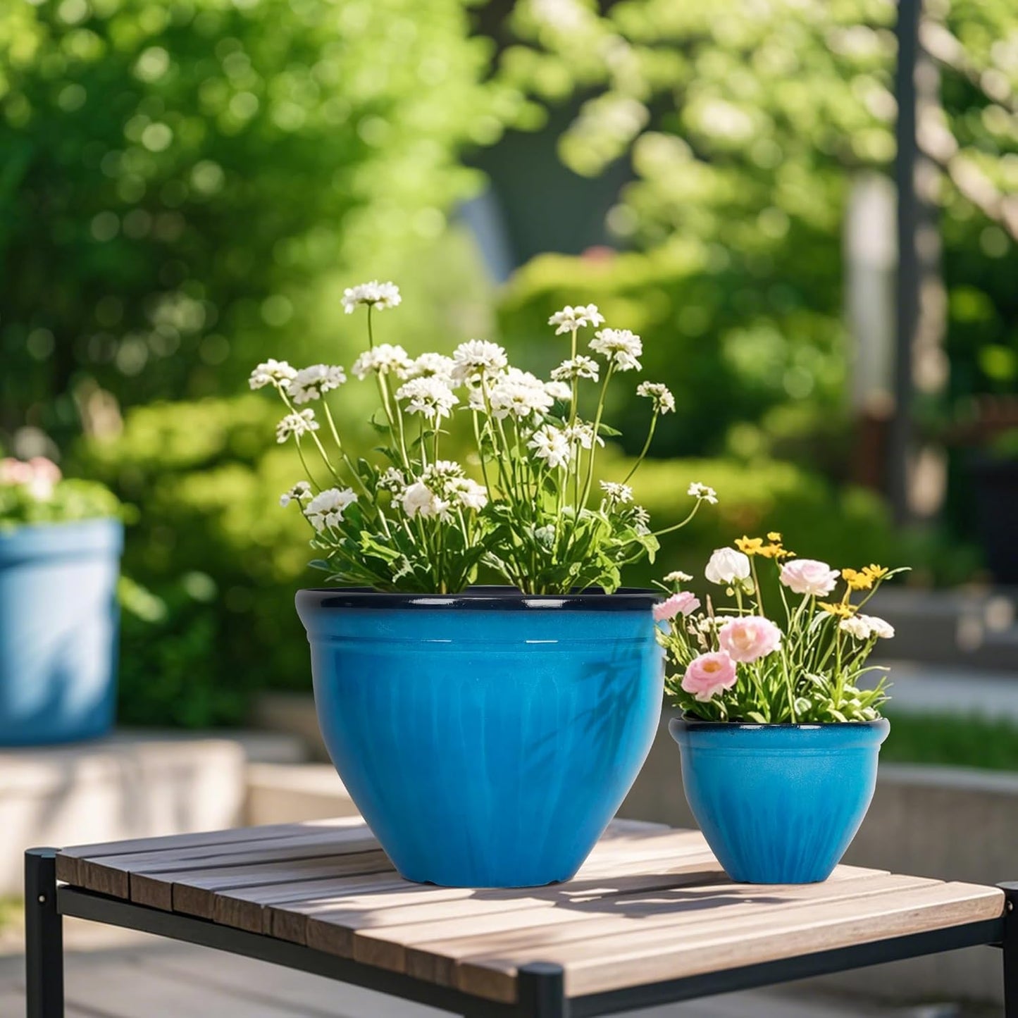 Worth Garden 8-Inch Dia. Round Blue Plastic Planters with Drain Holes, 5.9-Inch Height - 2-Pack Glossy Finish Bell-Shaped Plant Pot – Lightweight Indoor/Outdoor Flower Pots