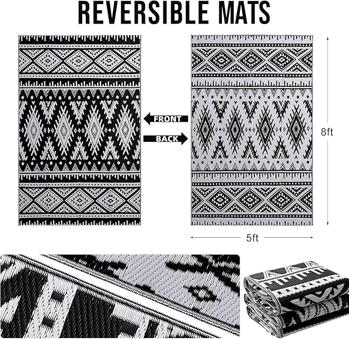 OLANLY Outdoor Rug Waterproof 5x8 ft, Reversible Outdoor Plastic Straw Rug, Boho Patio Rug, Indoor Outdoor Carpet, RV Mat Outside for Patio, Camp, Picnic, Balcony, Deck, Backyard, Black & White