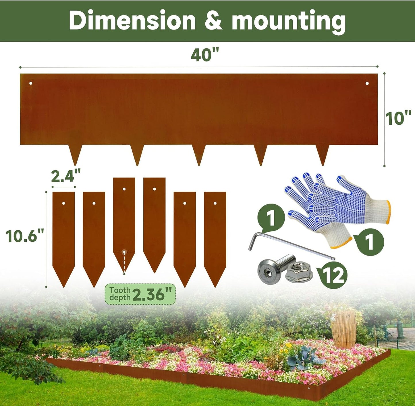 Corten Steel Landscape-40 LX 10" H Metal Garden Edging 20FT Total Rusted Lawn Edging 6 Pcs-No-Dig Hammer Heavy Duty Steel Edging-Bendable Border Strips for Lawn Yard Courtyard Pathway-6 Clips