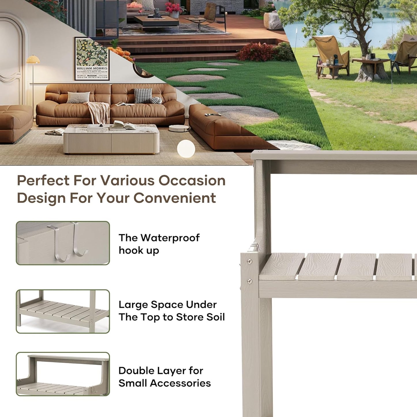 Potting Bench Outdoor Potting Table with 4 Side Hooks All-Weather Potters Benches HDPS Gardening Table Work Station Outdoor Potting Bench for Garden Porch Grey