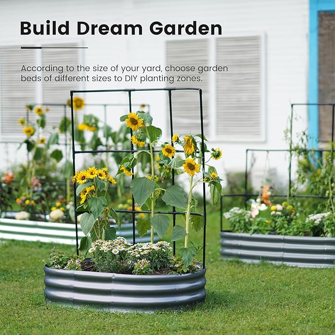 KING BIRD Raised Garden Bed with Wall Trellis Galvanized Planter Garden Box Outdoor for Gardening, Climbing Vegetables, Flowers 3.94x2.95x0.98 Ft, Dark Grey