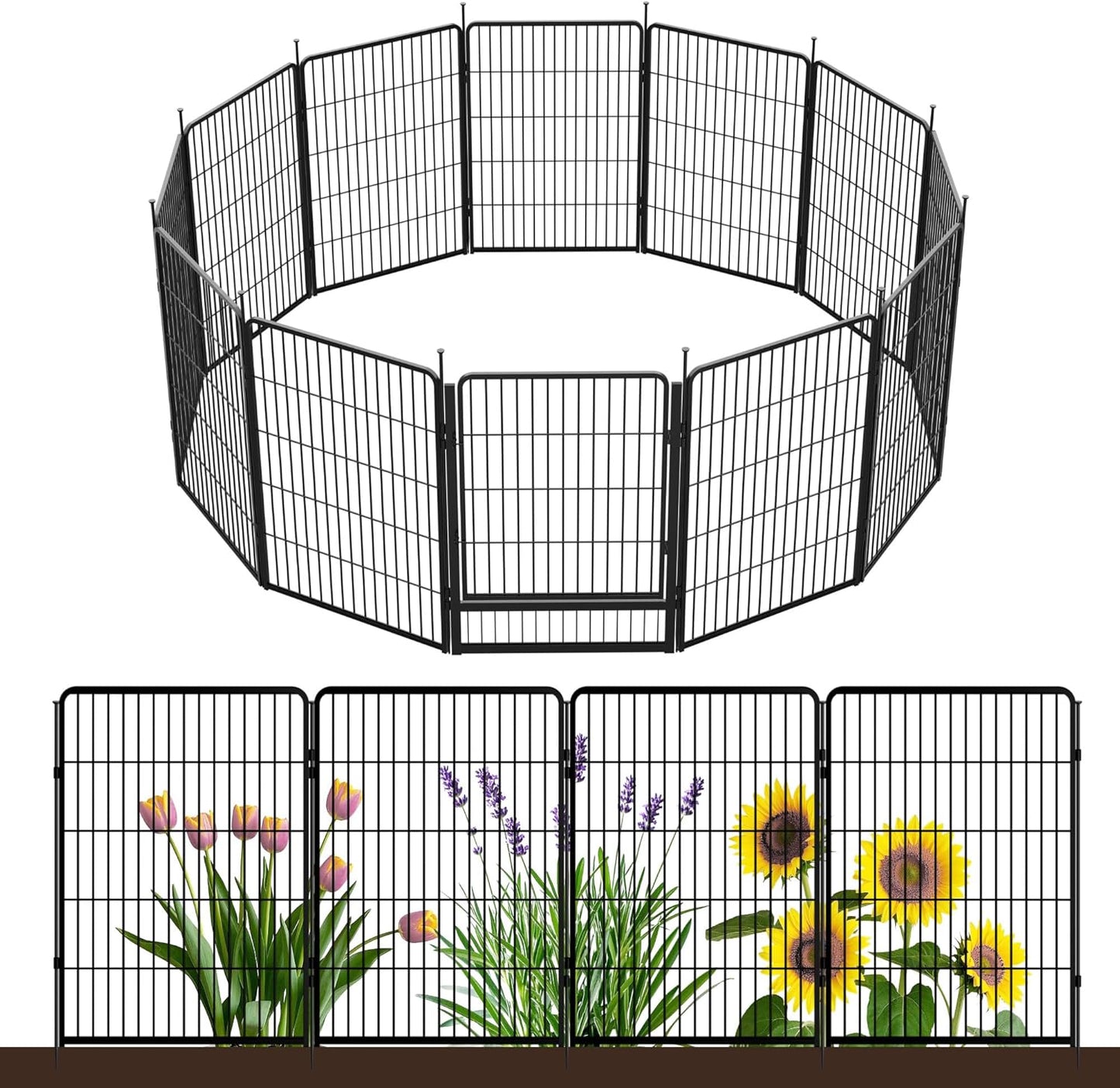 Decorative Garden Fence with Gate 40 in(H) x 26.8 ft(L) 12 Panels, Heavy Duty Metal Animal Barrier Fence for Yard, Flower Bed Fencing, Garden Border Fence, Easy Set Up, Black