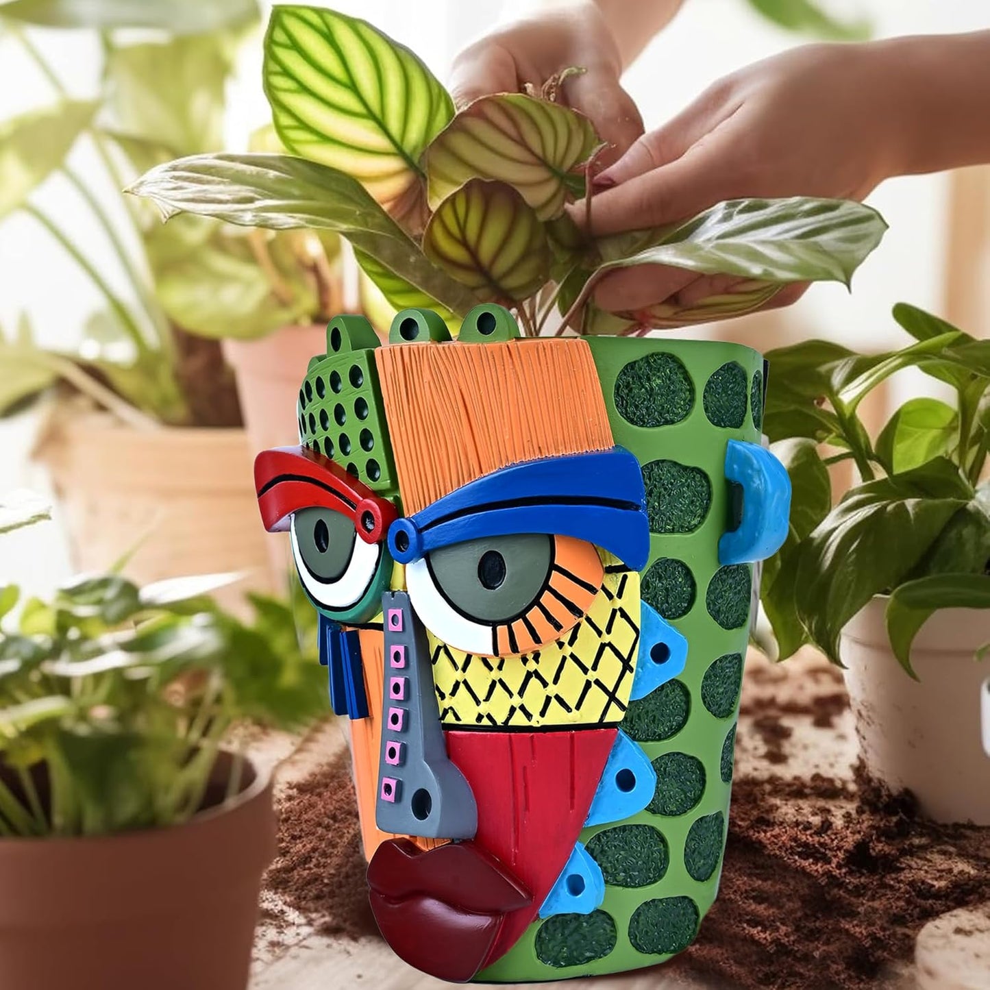 Bohemian Face Planter Pots for Plants,Hand-Painted Colorful Flower Pots with Drainage, Indoor Outdoor Garden Decor Gift(Modern,Large)