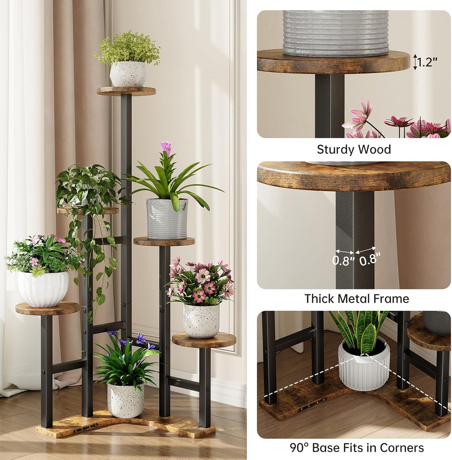 Corner Plant Stand Indoor, 6 Tiered Corner Plant Shelf Flower Stand for Multiple Plants, Plant Shelves Organizer Rack for Living Room, Balcony, Patio, Garden, Round Rustic Brown