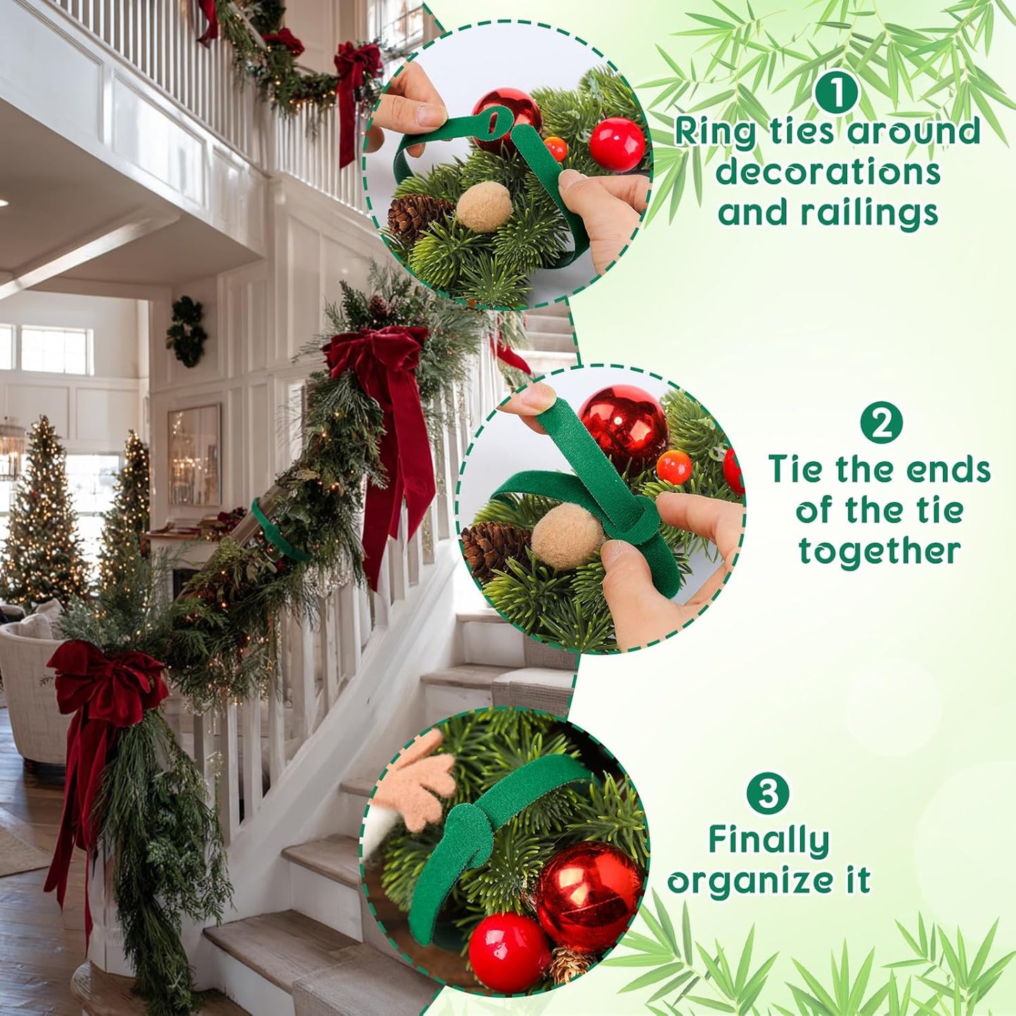 80 Pcs 12 Inch Christmas Garland Ties Green Adjustable Holiday Banister Ties Reusable Fastener Strap Nylon Garden Plant Cable Strap Christmas Tree Wreath Hook Loop Organizer for Home Office