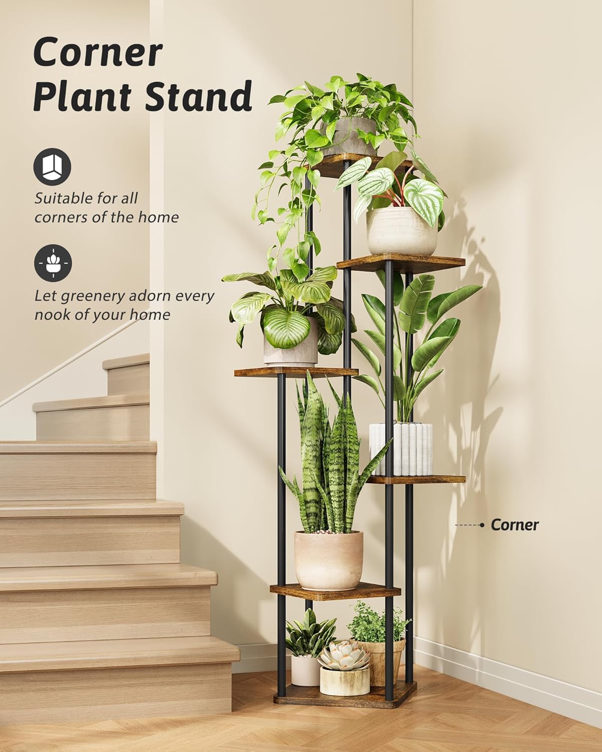 Tall Plant Stand Indoor 6 Tiered Plant Shelf for Multiple Plants Coner Shelf Stand Wood Plant Stand Metal Shelving for Living Room Bedroom Balcony Patio Brown Oak
