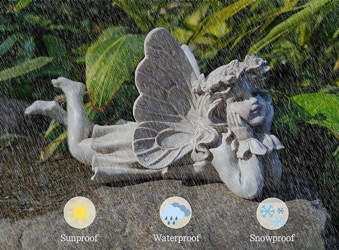 MeritMode Fairy Garden Figurines - Angel Statue with Butterfly and Holding Face, for Mom, Resin Outdoor Figurine for Patio & Yard, 10" Width