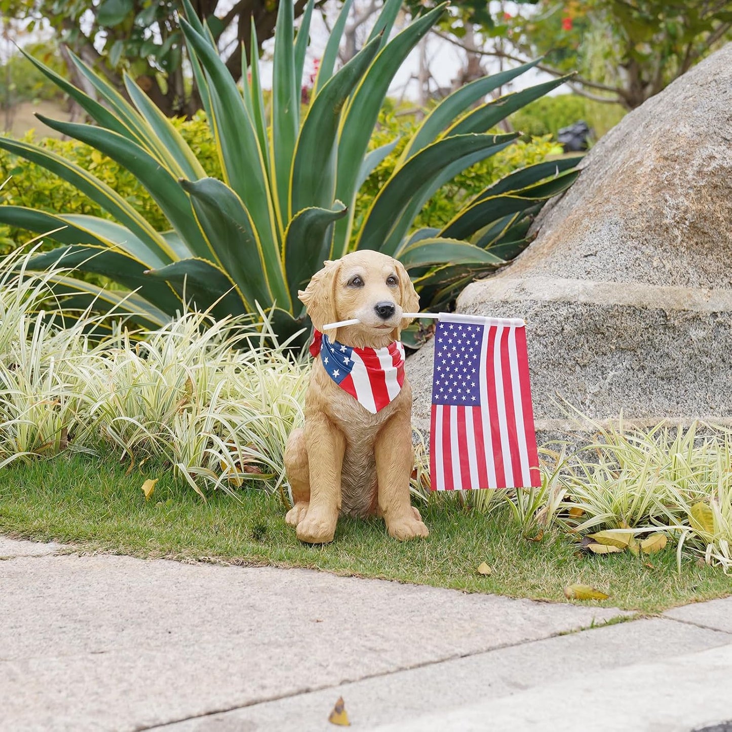Cynkeyee Outdoor Garden Decor Dog Statue - Large Resin Puppy with American Flag Statues Sculpture for Outside Yard Lawn Home Decor Americana Patriotic Decorations 12.5x8.5x13.5 Inch