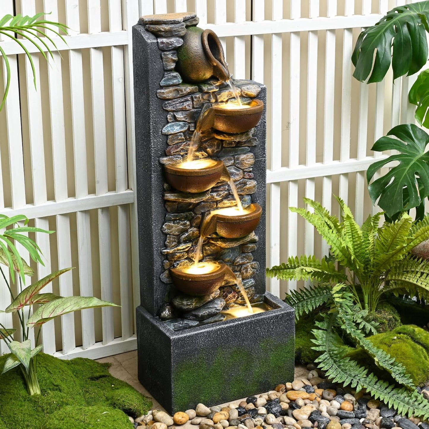 39" Outdoor Garden Water Fountain with Lights 5 Tiers Cascading Large Waterfall Floor Standing Fountain for Patio, Backyard, Deck, Porch and Home Art Decor