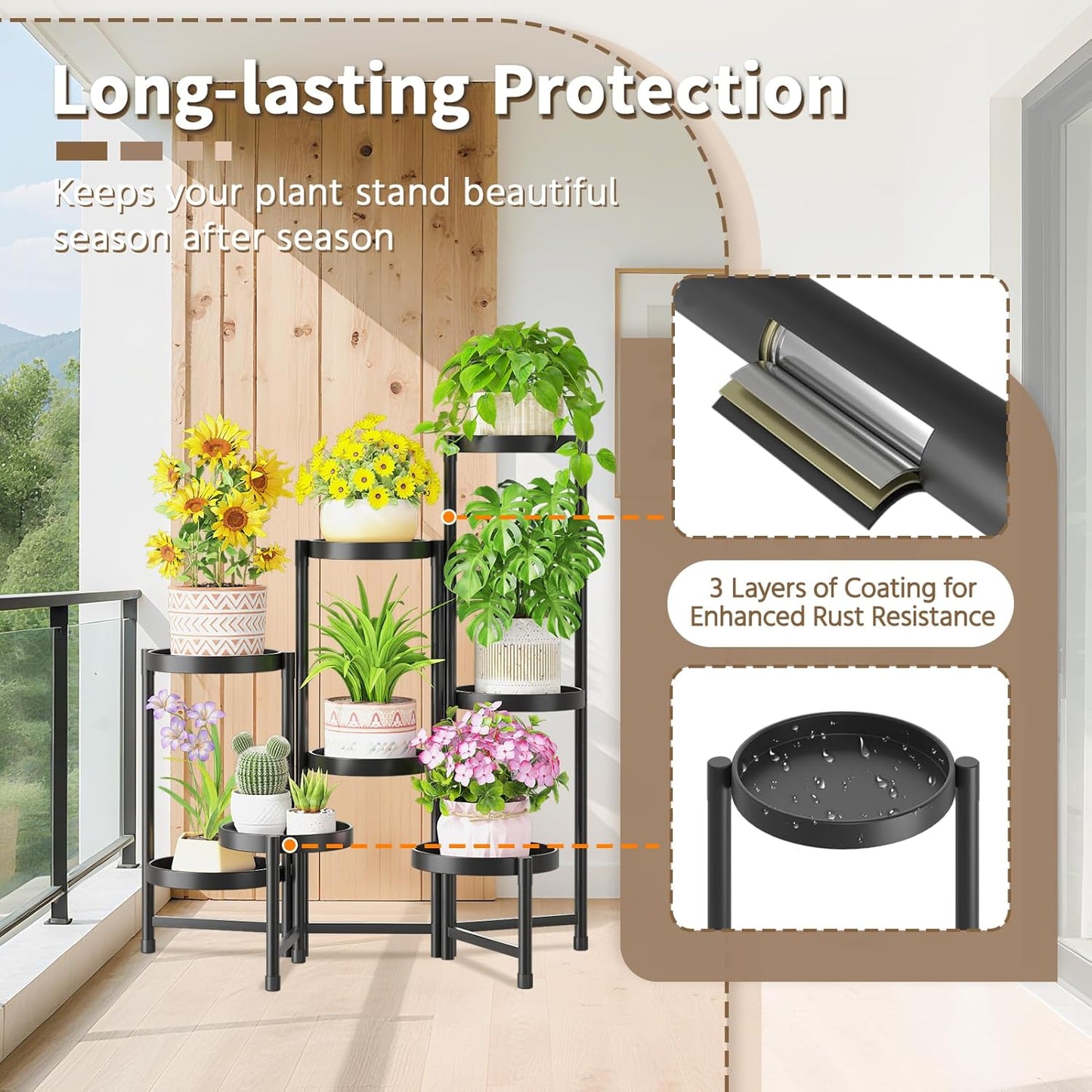 LASZOLA 8 Tiered Folding Plant Stand Indoor for Multiple Large Planter, Tall Heavy Duty Adjustable Rack with Rust Proof 10 Inch Wide Tray, Sturdy Vertical Tree Organizer for Narrow Inside Floor, Black