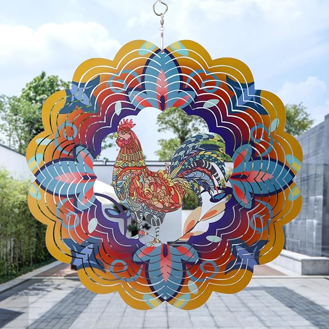 Outdoor Chicken Decoration Wind Spinner Sculpture Art,Metal Clearance Ornament, Chicekn Themed Gifts for Women Rooster Lover,Yard Garden Toy,Hanging Windsock