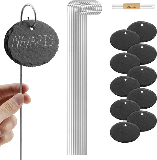 Navaris Slate Garden Markers (10 Pieces) - Plant Marker Label Signs with Stakes - for Plants, Vegetables, Herbs, Gardens - Includes Chalk Pencils - Oval