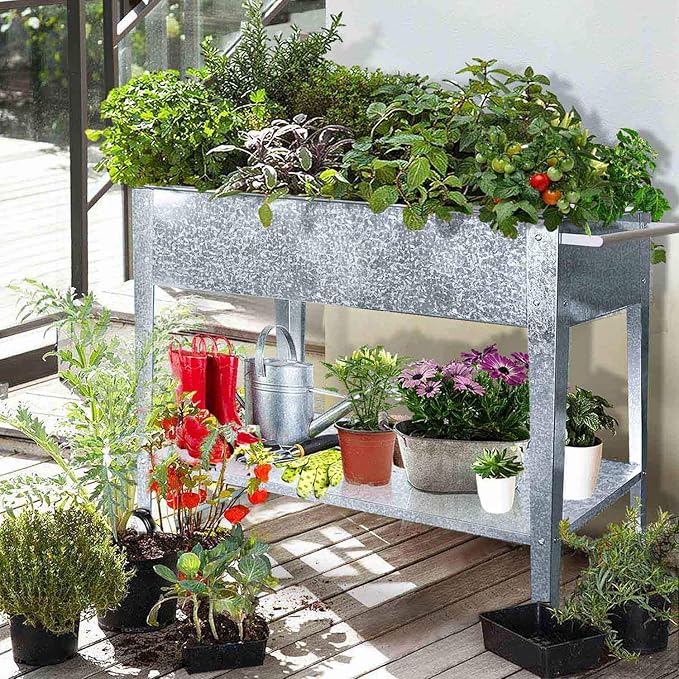 Raised Planter Box with Legs Outdoor Standing Elevated Garden Bed On Wheels for Vegetables Herb Patio Apartment, Galvanized