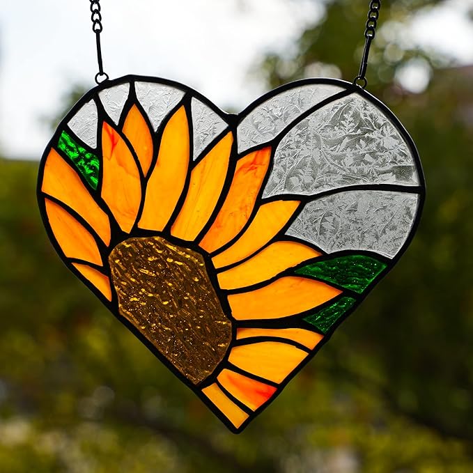 BOXCASA Sunflower Stained Glass Window Hangings,Sunflower Stained Glass Suncatcher,Heart Shape Sunflower Best Teacher Gifts for Women Birthday,Sunflower Decoration for Home Indoor Window