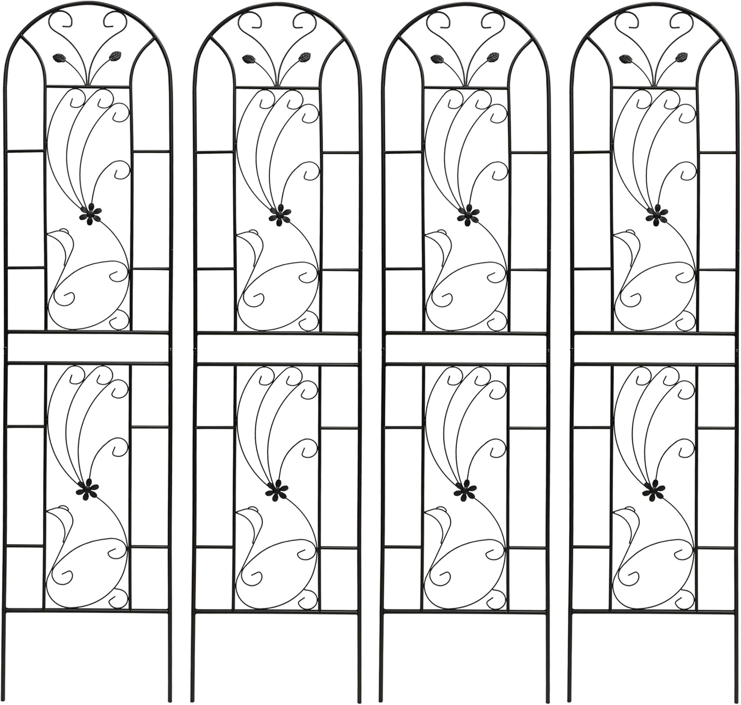 Metal Garden Trellis Rustproof Trellis for Climbing Plants Outdoor Flower Support Peacock Style (Black-4 Pack, 86.7"x19.7")