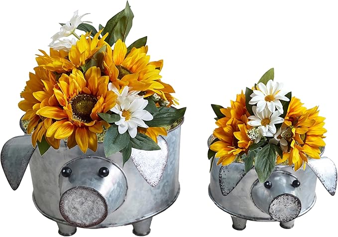Galvanized Metal Pig Succulent Planter Farmhouse Pig Shaped Bowl Metal Pig Tray Rustic Decor Set of 2