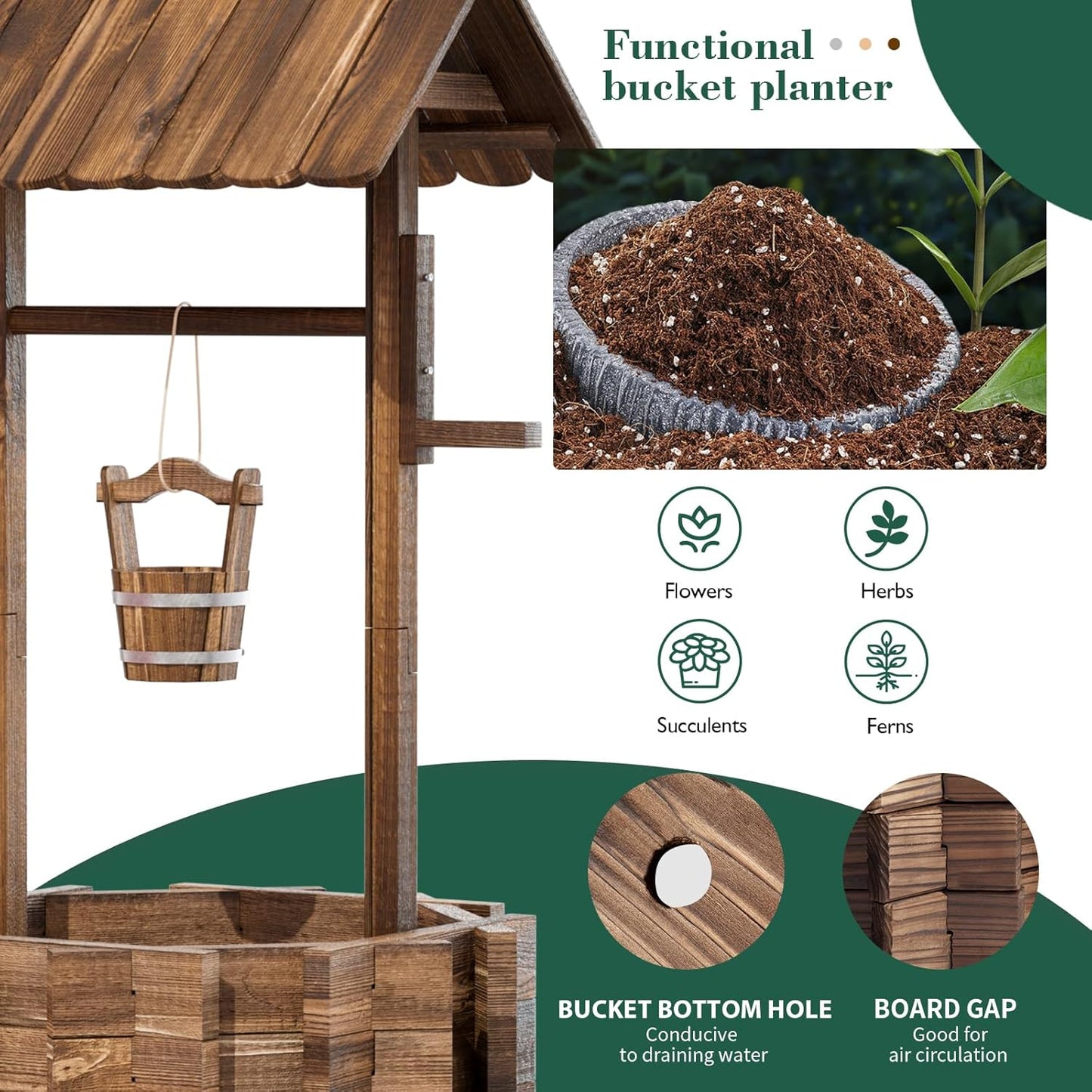 Wooden Wishing Well Planter for Outdoors with Hanging Bucket, Rustic Flower Planter Patio Garden Decorative, Brown