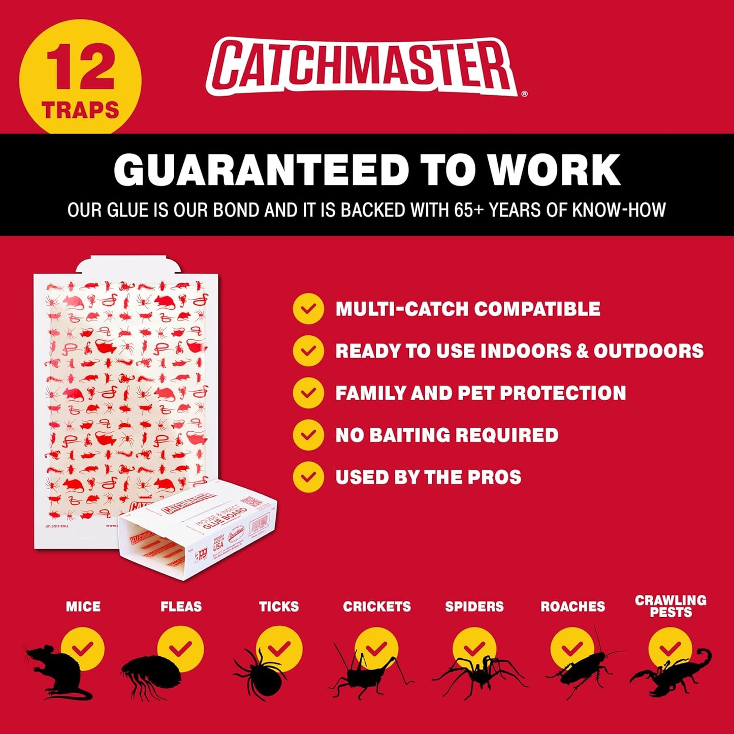 Catchmaster Mouse & Insect Glue Boards 12-Pk, Mouse Traps Indoor for Home, Bulk Glue Traps for Mice and Rats, Adhesive Boards for Inside House, Snake, Lizard, & Spider Trap, Pest Control for Home