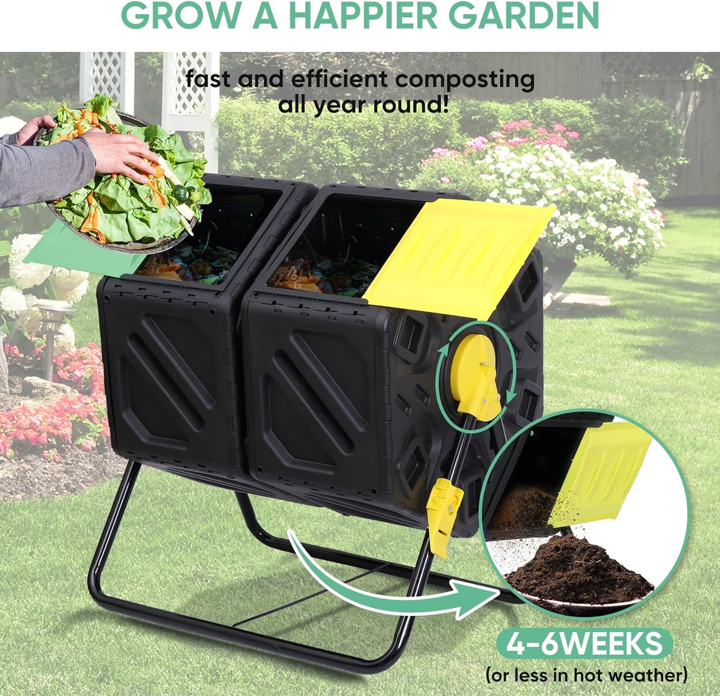 F2C Dual Chamber 37 Gallon Compost Tumbler All-Season Outdoor BPA Free Large Composter Bin w/ 2 Sliding Doors and Solid Steel Frame