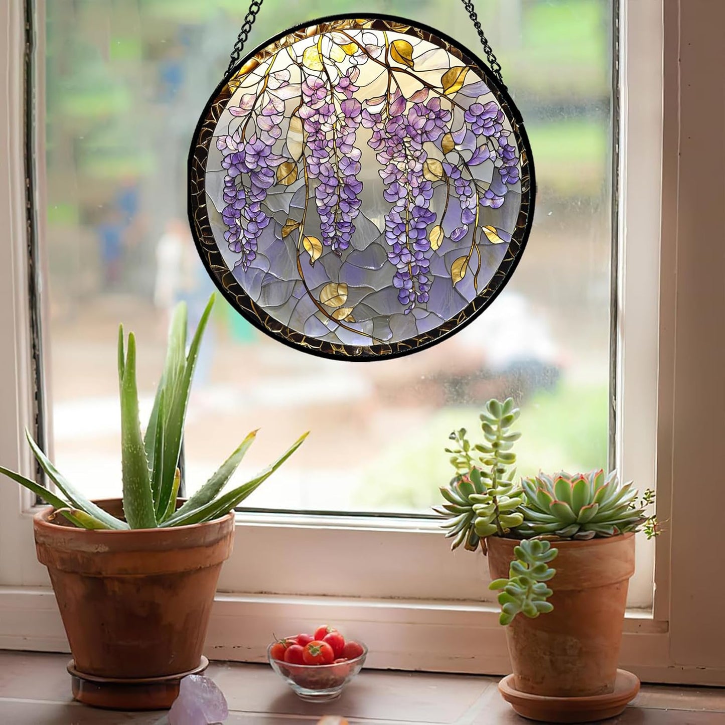 Stained Glass Window Hanging - Wisteria Flower Golden Leaves Sun Catcher for Door Home Decor Plant Suncatcher Christmas Mother's Day Birthday Gifts for Women Men Lovers Mom Nana 7.8 in