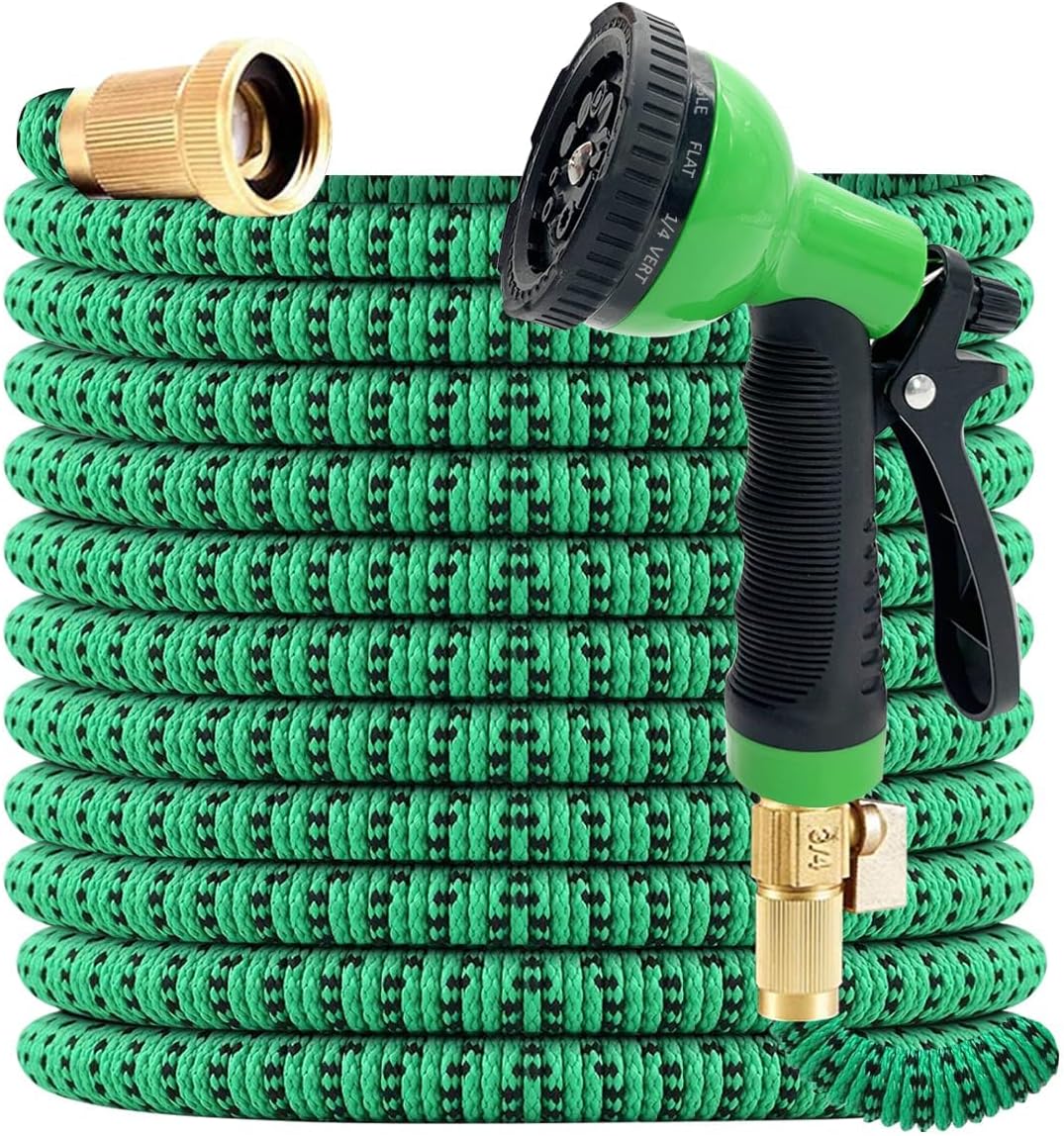 J&B XpandaHose 100ft Expandable Garden Hose with Holder - Heavy Duty Superior Strength 3750D - 4 -Layer Latex Core - Extra Strong Brass Connectors and 10 Spray Nozzle w/Storage Bag (Green 100)