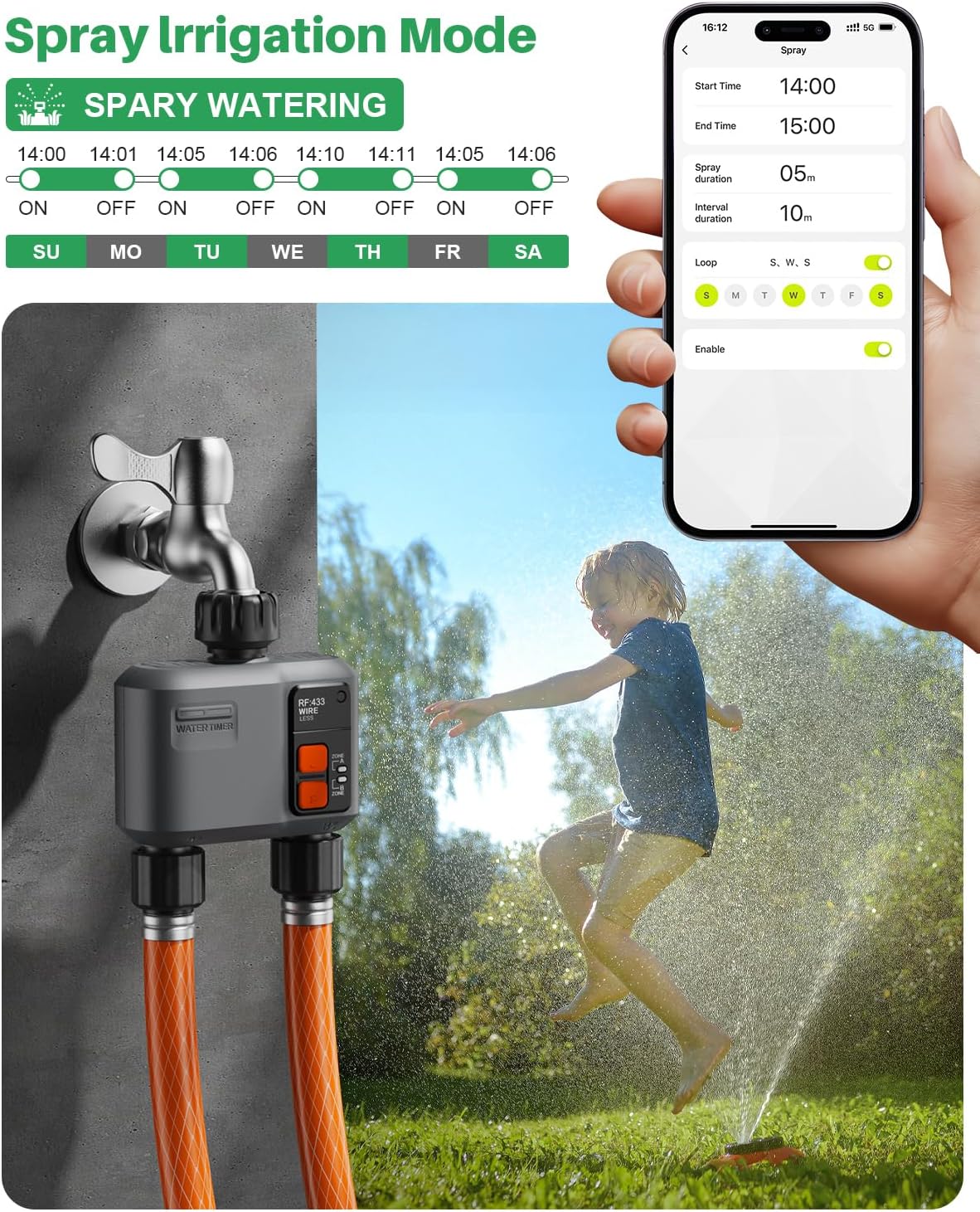 WiFi Sprinkler Timer 2 Zone with 984 Feet RF Gateway, 2 Outlet Smart Water Timer for Garden Hose with Rain Delay/Manual/Automatic,WiFi Water Hose Timers for Garden & Lawns