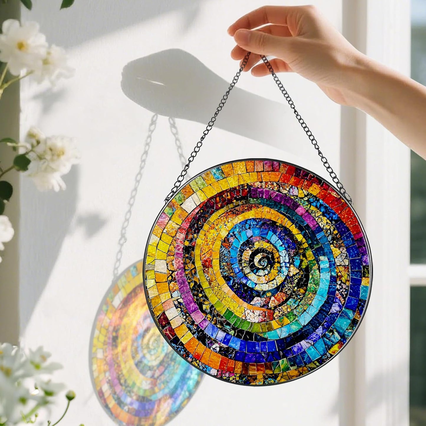 Stained Glass Window Hanging, Pauyadu 8 Inch Rainbow Spiral Stained Glass Suncatcher, Home Decor for Windows, Art Lovers Gifts, Christmas, Birthday Gift Ideas, Gifts for Best Friend, Lovers