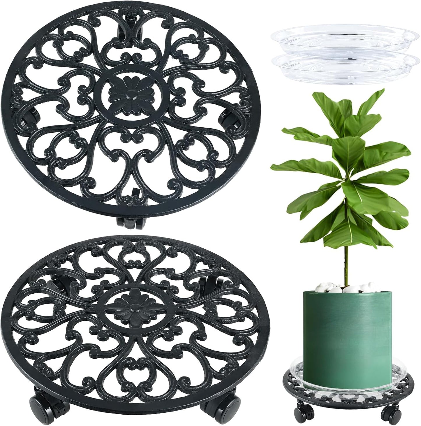 2 Packs 14 Inch Rolling Plant Stand with Wheels Metal Plant Caddy with Wheels Heavy Duty Round Plant Stand Indoor Iron Plants Rollers for Plants, Plant Dolly with Plant Saucers