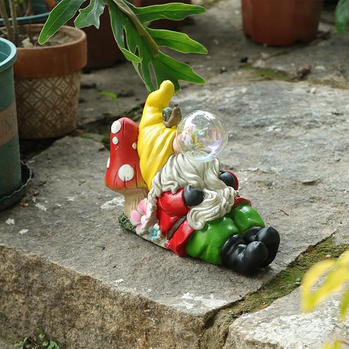 Garden Gnome Statue Outdoor Decor, Funny Gnome Figurine Lying on Mushroom with Crackle Globe Lights, Waterproof Resin Sculptures Lawn Ornament Tabletop Decorations for Porch Yard Decor