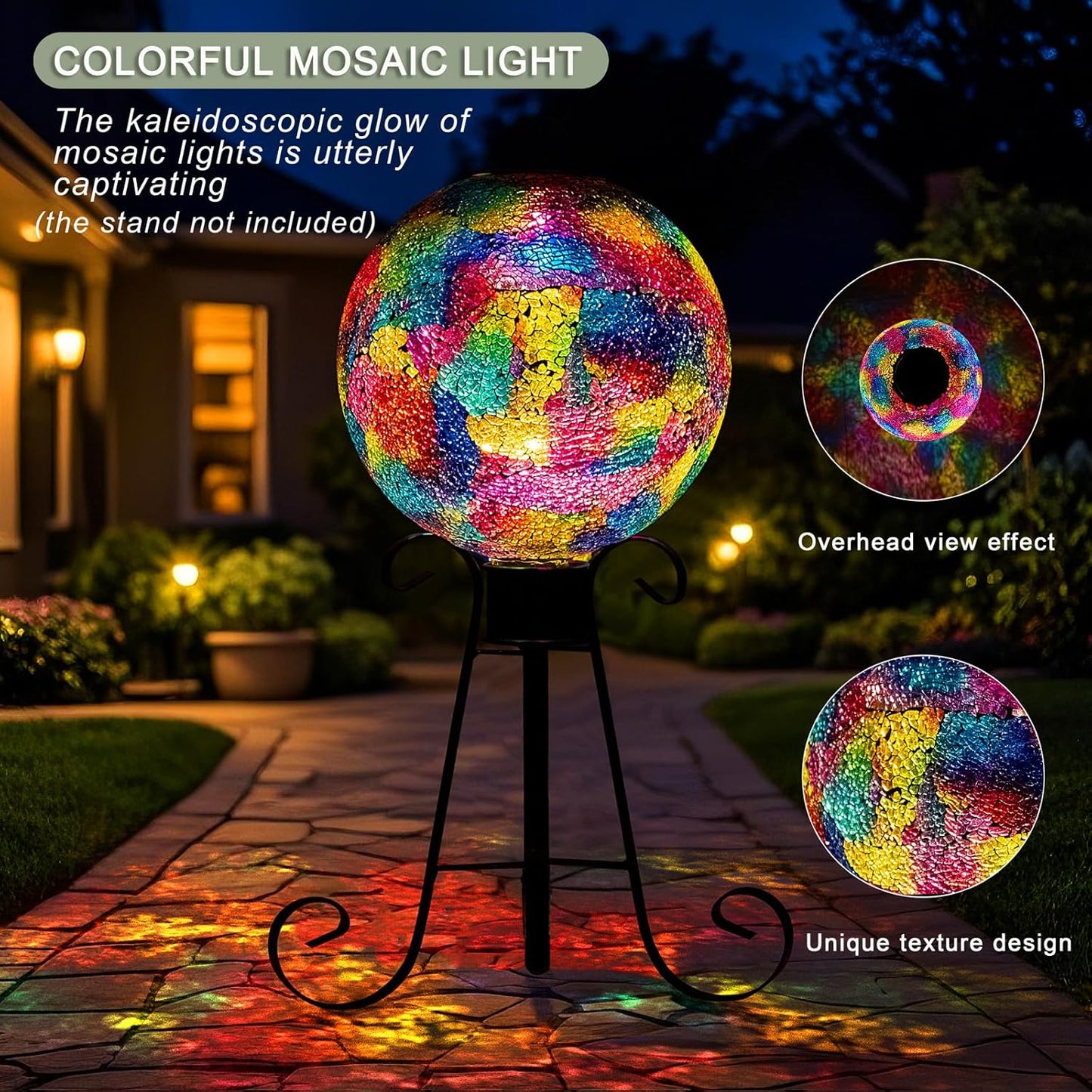 VOREEN Mosaic Solar Glass Gazing Ball, 10 Inch Colorful Gazing Globe, Handmade IP44 Waterproof Garden Decor Outdoor Ornament Sphere for Patio Lawn Yard, Gift for Mom Wife Friend