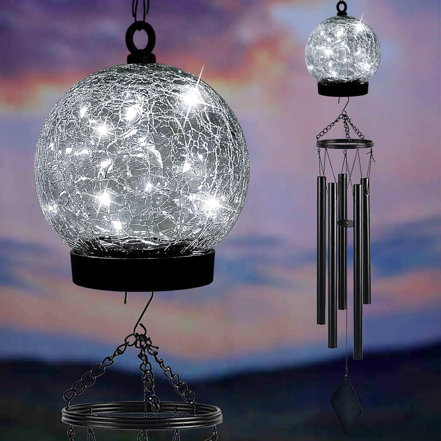 Wind Chimes Outdoor Solar Lights, 42 Inch Large Sympathy Chime 15 Cool White LEDs Crackled Glass Ball Birthday Gifts for Women Decorative Hanging in Garden, Yard, Patio, Landscape