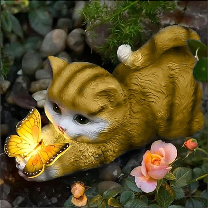 Solar Garden Statue Cat,Garden Figurine Outdoor Decoration with Cat Holding Butterfly for Yard,Patio,Lawn Art