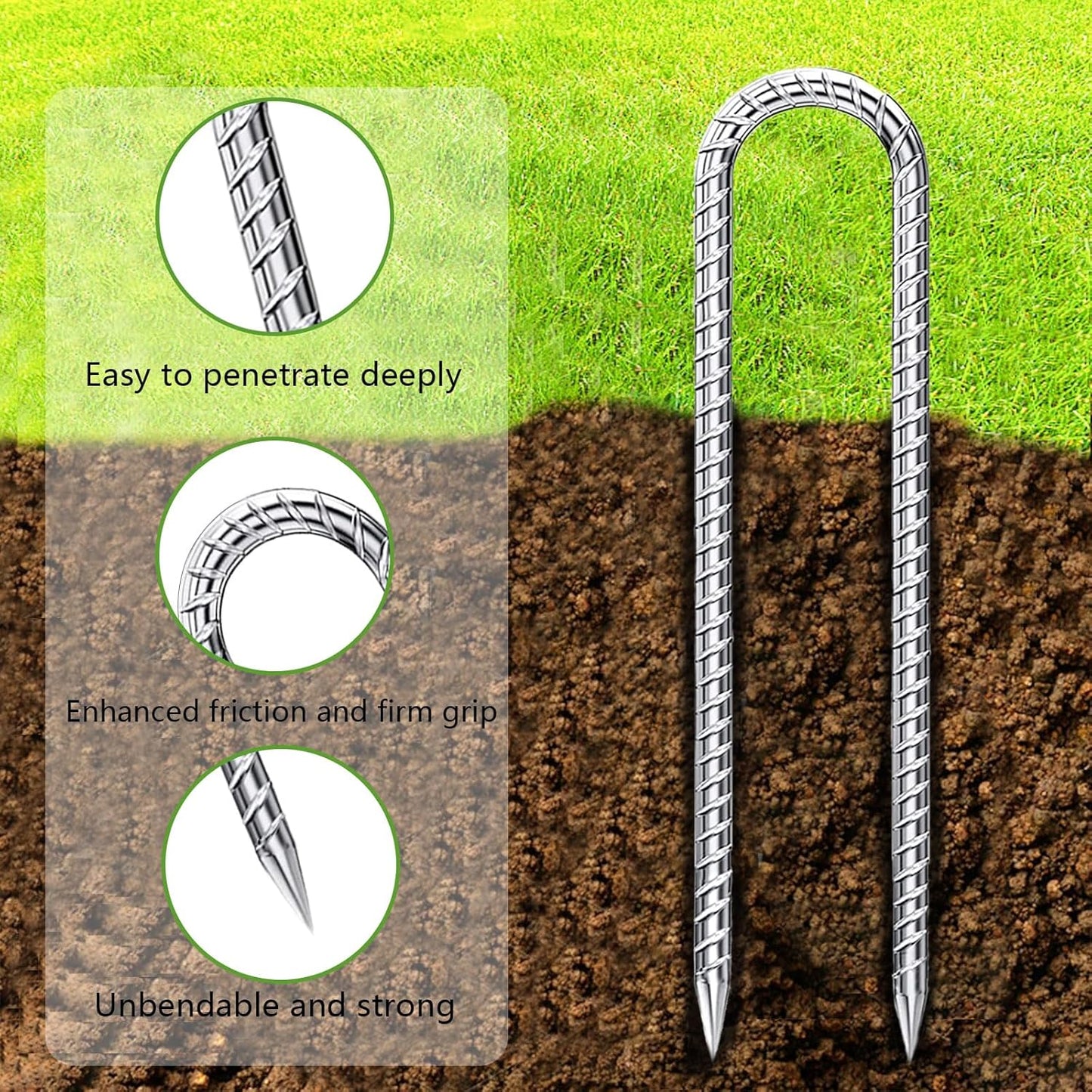Rebar-Stakes-12-Inch-Galvanized, U Hook Trampoline Stakes 6 Pack Ground Anchors Tent Stakes Heavy Duty for Plants Anti-Rust Landscape Fabric Stakes Artificial Turf