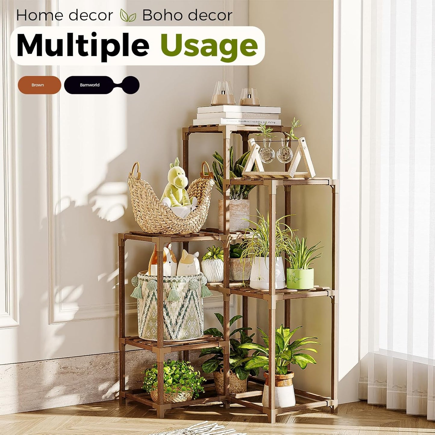 Bamworld Indoor Outdoor Plant Stand Shelf Corner Table 7 Pots Holder for Living Room Multiple Plants Patio Balcony Garden Decor