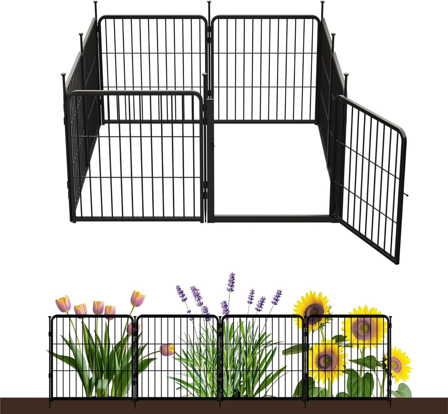 Decorative Garden Fence with Gate 24 in(H) x 14.8 ft(L) 8 Panels, Heavy Duty Metal Animal Barrier Fence for Yard, Flower Bed Fencing, Garden Border Fence, Easy Set Up, Black