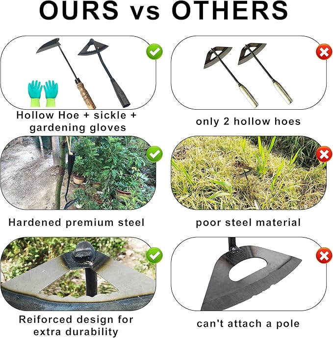 Pack of Weeding Tool Hollow Hoe and Japanese Sickle Garden Tool and a Pair of Professional Gardening Gloves - Heavy Duty Very Sharp Gardening Hand Tools for Landscaping - Nejiri Gama Hoe