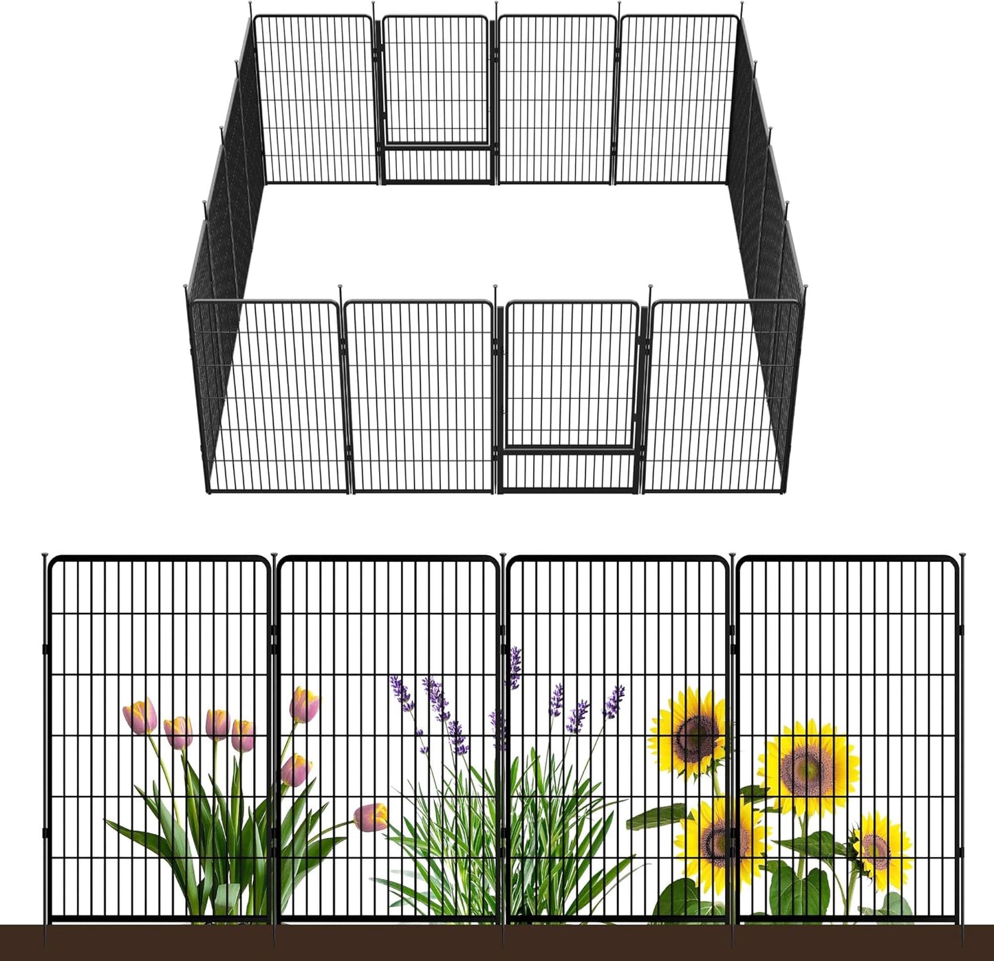 Decorative Garden Fence with Gate 45 in(H) x 35.7 ft(L) 16 Panels, Heavy Duty Metal Animal Barrier Fence for Yard, Flower Bed Fencing, Garden Border Fence, Easy Set Up, Black