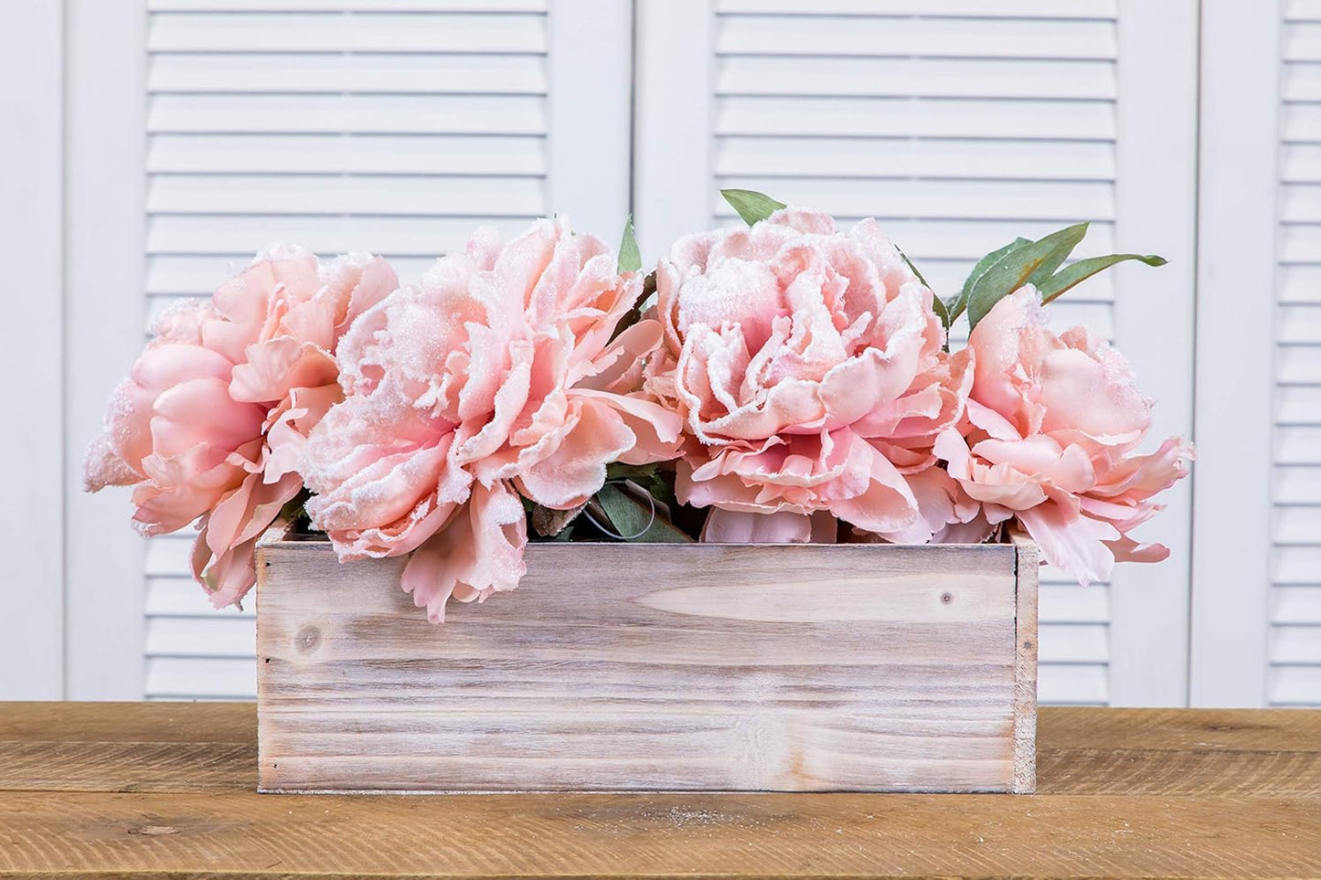 Wood Planter Box Set, Rustic Whitewash, Plastic Liner, 12x4 Inch Rectangular Flower Holder, Natural Wood Decor, Country Style, Home and Wedding Decorations, Garden Ornaments (Set of 4)