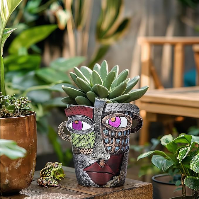 LCCCK Colorful Face Planter Funky Head Planters for Indoor Plants, Succulent Pots with Drainage for Home Unique Decor, Large Abstract Flower Pots for Indoor Outdoor Garden Cute Plant Decor
