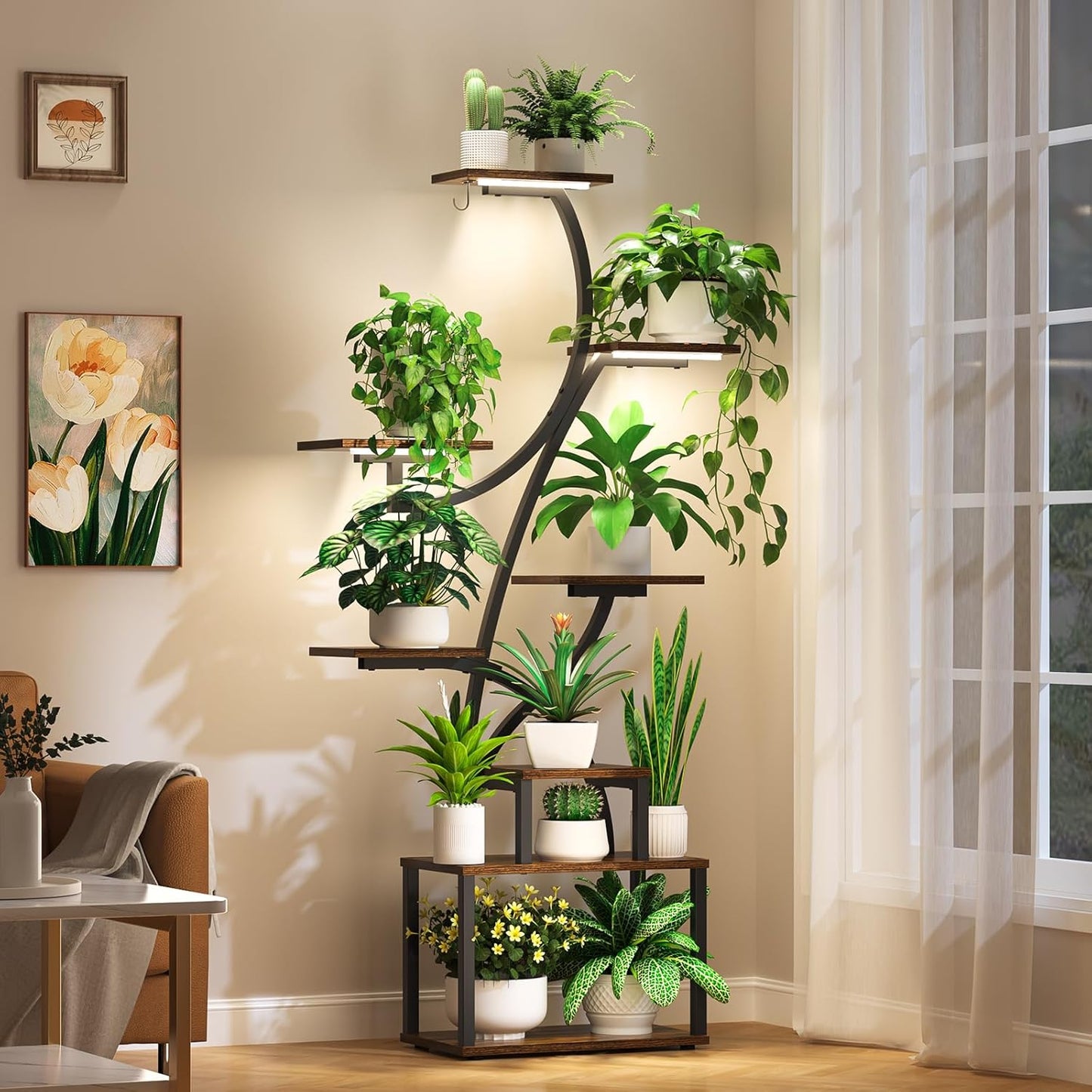 Uneedem Plant Stand Indoor with Grow Light, 8 Tiered Plant Shelf for Multiple Plants, 62" Tall Tree Shaped Metal Plant Rack Flower Holder for Room Corner Balcony Garden Patio