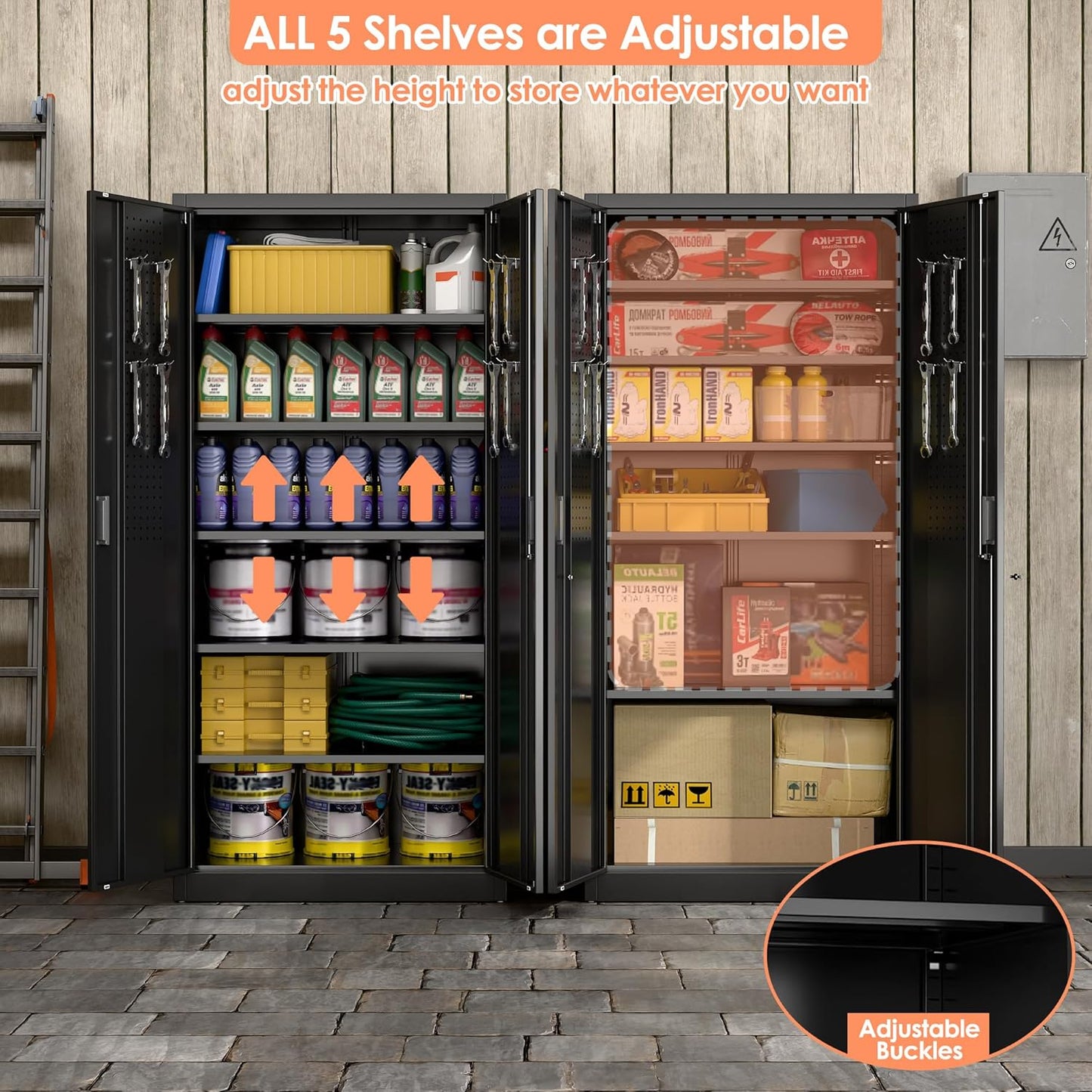 Metal Storage Cabinet with 2 Doors and 5 Adjustable Shelves, 71" H×32" W×16" D Garage Storage Cabinet with Pegboard for Garage,Office,Home,Gym,School, Lockable File Cabinet, Black