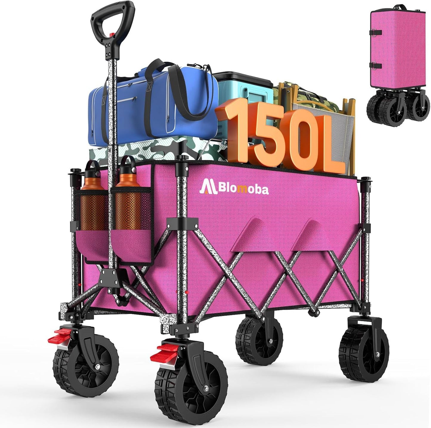 Collapsible Wagon Cart, 150L Heavy Duty Foldable Beach Wagon with Wider Wheels & Auto-Rebound Handle, Utility Grocery Shopping Cart for Garden, Shopping, Camping, Sports, Pink