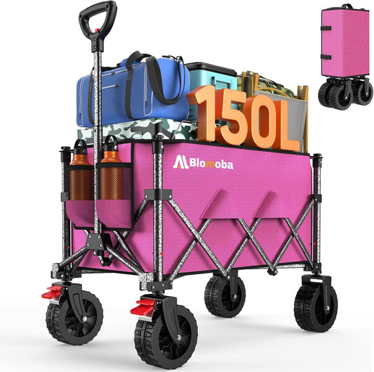 Collapsible Wagon Cart, 150L Heavy Duty Foldable Beach Wagon with Wider Wheels & Auto-Rebound Handle, Utility Grocery Shopping Cart for Garden, Shopping, Camping, Sports, Pink