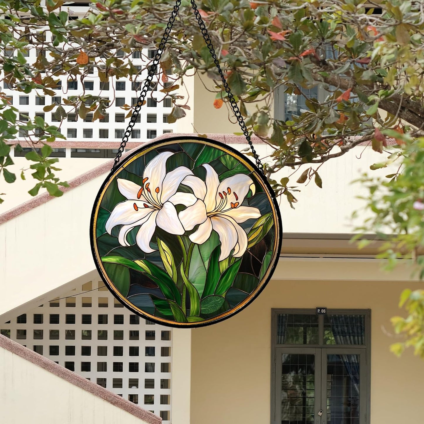 Stained Glass Window Hanging, White Lily Suncatcher for Door Garden Patio Birth Flower Green Plant Sun Catchers Decor Christmas Mother's Day Birthday Gifts for Women Mom Nana Friend 7.8 in