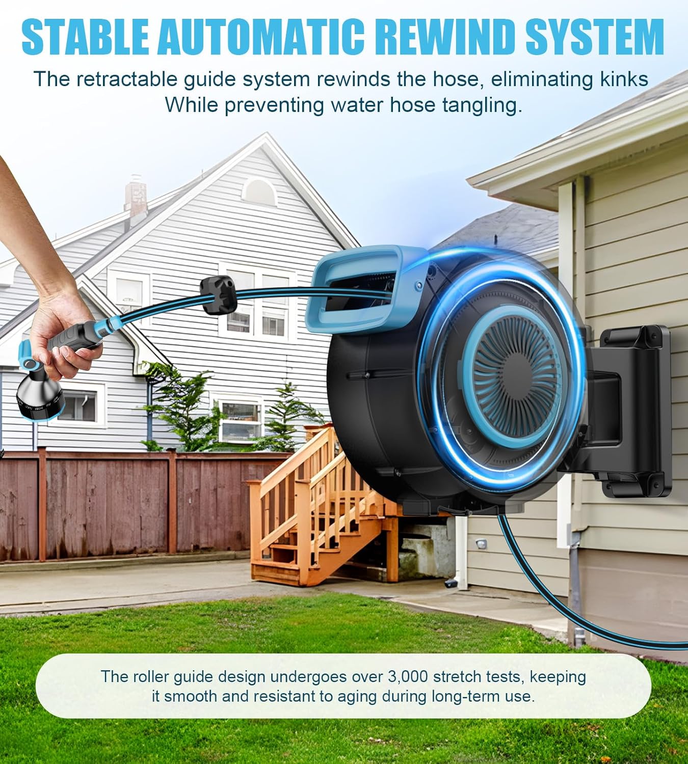 Retractable Garden Hose Reel, 100FT Portable Garden Hose with Reel, Hose Reel Wall Mount with 9-Pattern Nozzle, Automatic Rewind System, 180° Swivel Bracket, Any Length Lock (100FT)