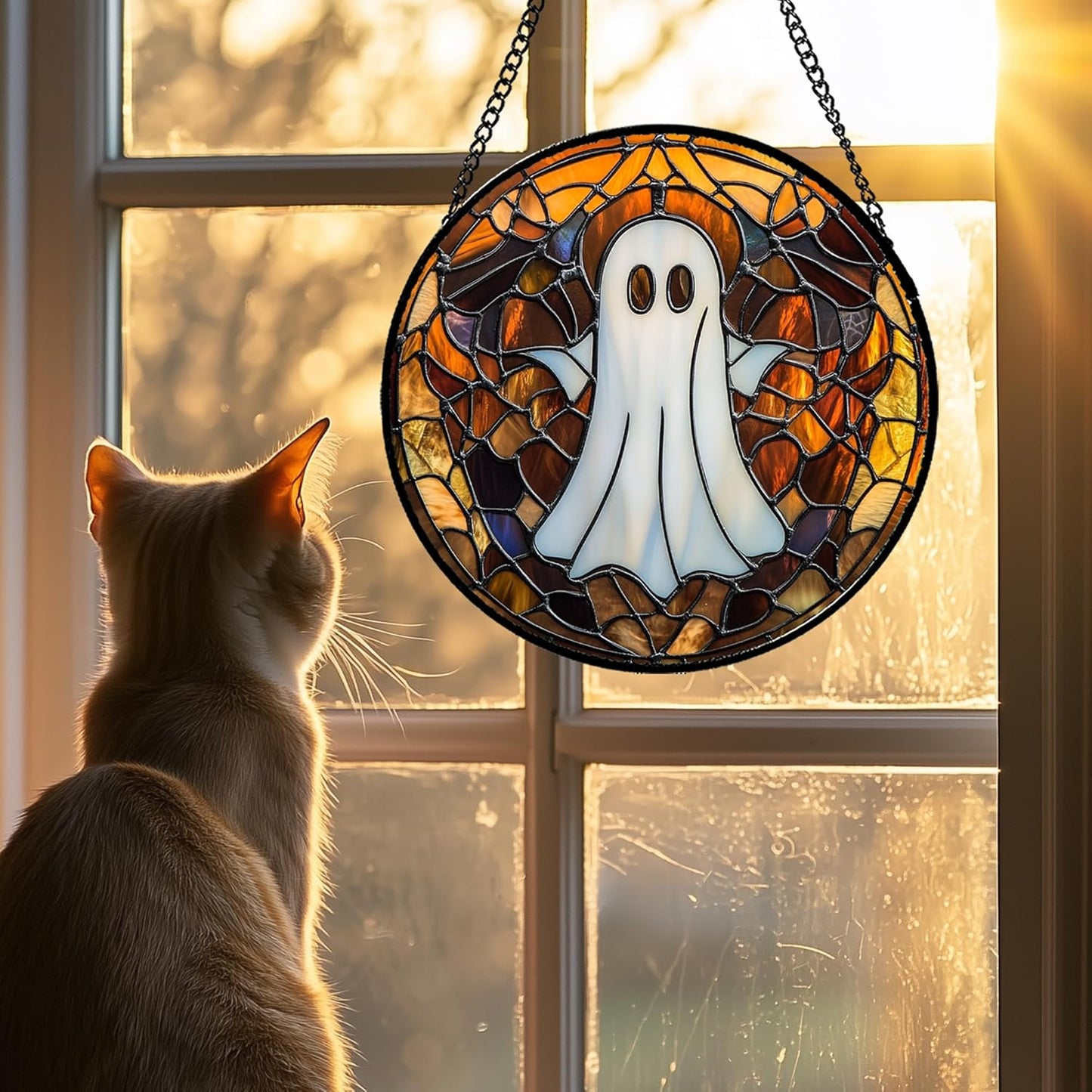 Stained Glass Window Hanging Halloween White Horror Ghost 7.8" - Suncatcher Door Garden Kitchen Sun Catcher Home Gothic Decor Birthday for Mom Men Woman Friend Grandma