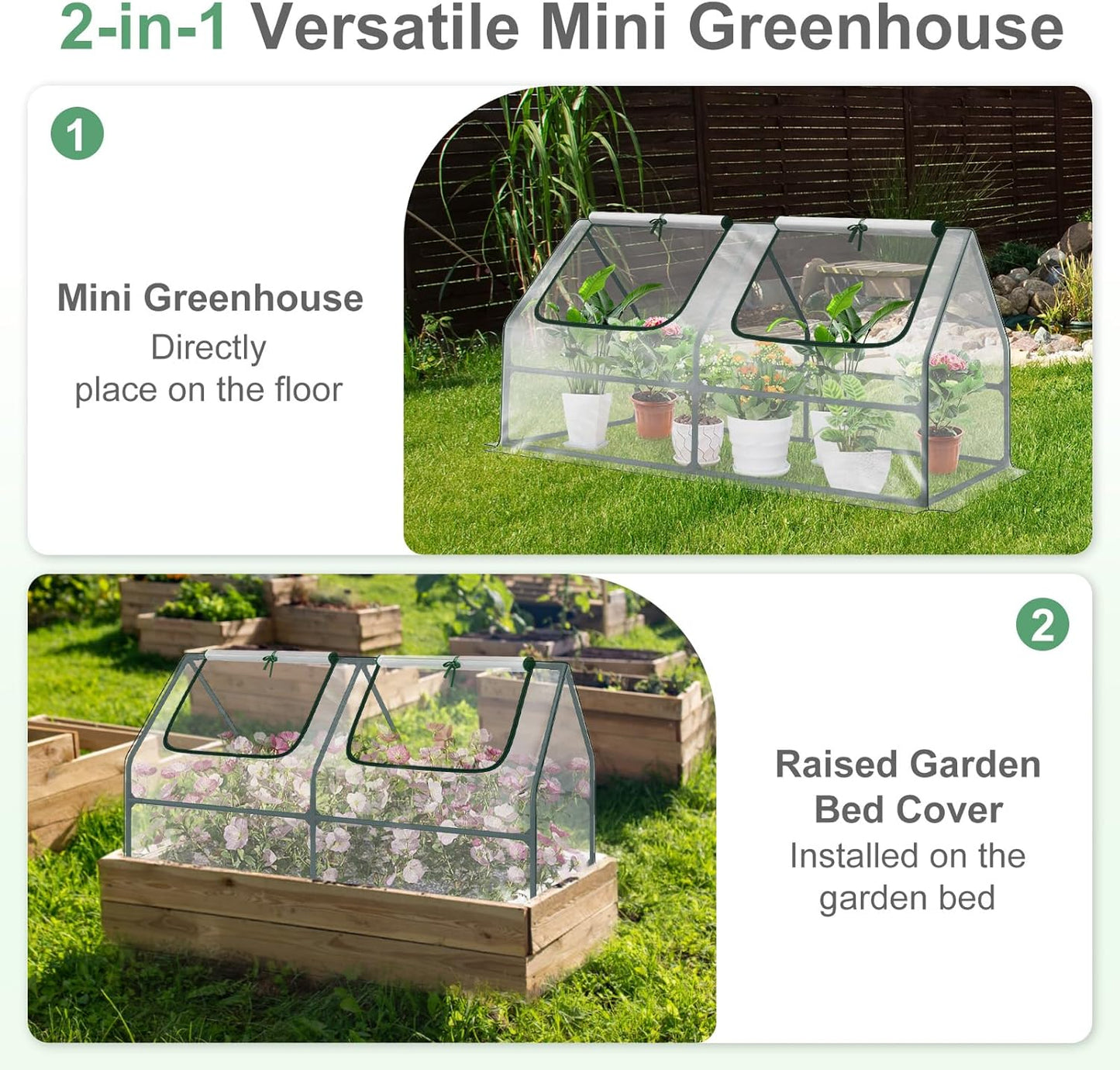 Aoodor 4 x 2 x 2 ft Mini Greenhouse with 2 Zipper Doors, Water Resistant, UV Protected for Flowers, Vegetables and Herbs, Transparent