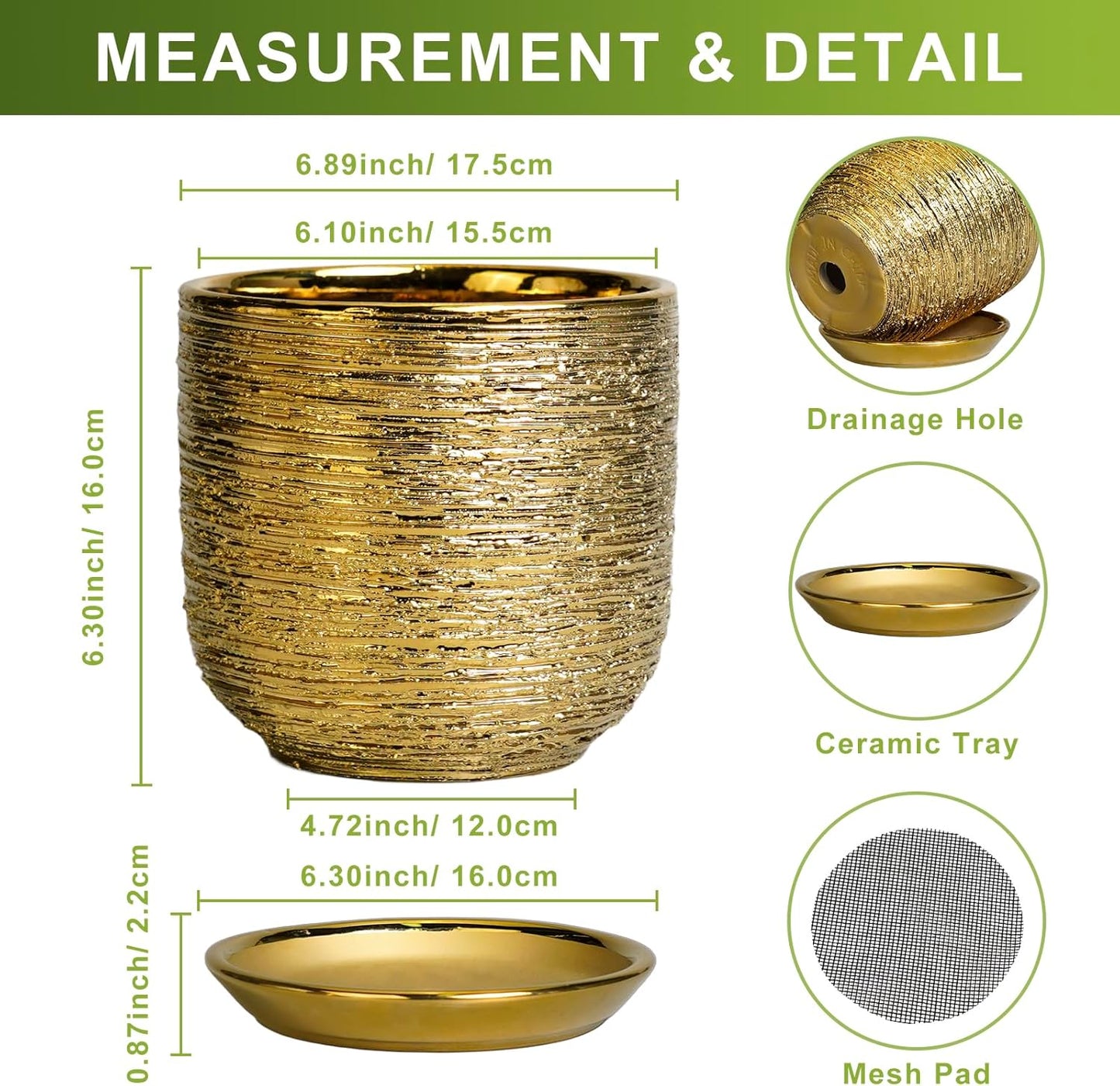 Ceramic Plant Pot 7 Inch - Ceramic Planter for Indoor Outdoor Plants, Round Modern Flower Pot with Drainage Hole and Saucer, Housewarming Gifts, House Patio Office Home Decor, Gold