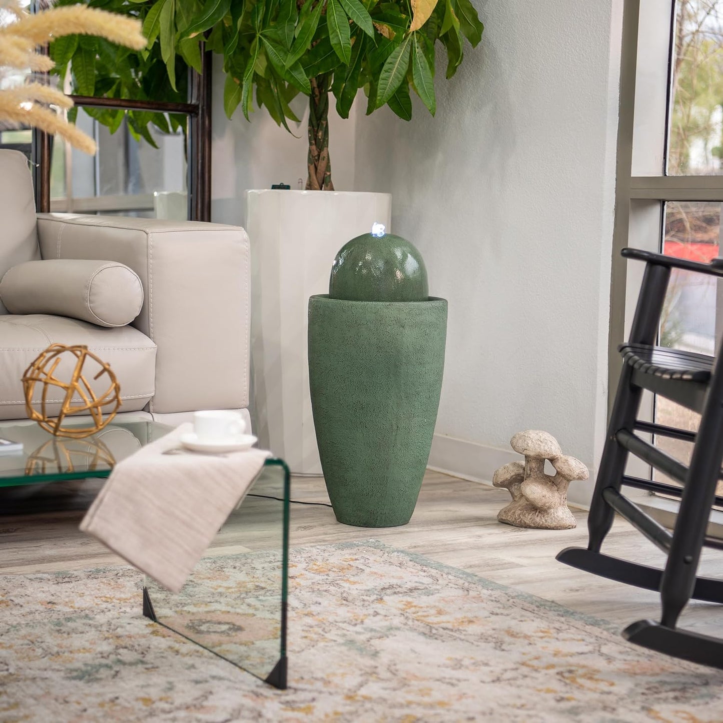 XBrand 25.98" H Round Stone Indoor/Outdoor Modern Stone Textured Sphere Water Fountain w/LED Lights, Ball Fountain Decor, Green