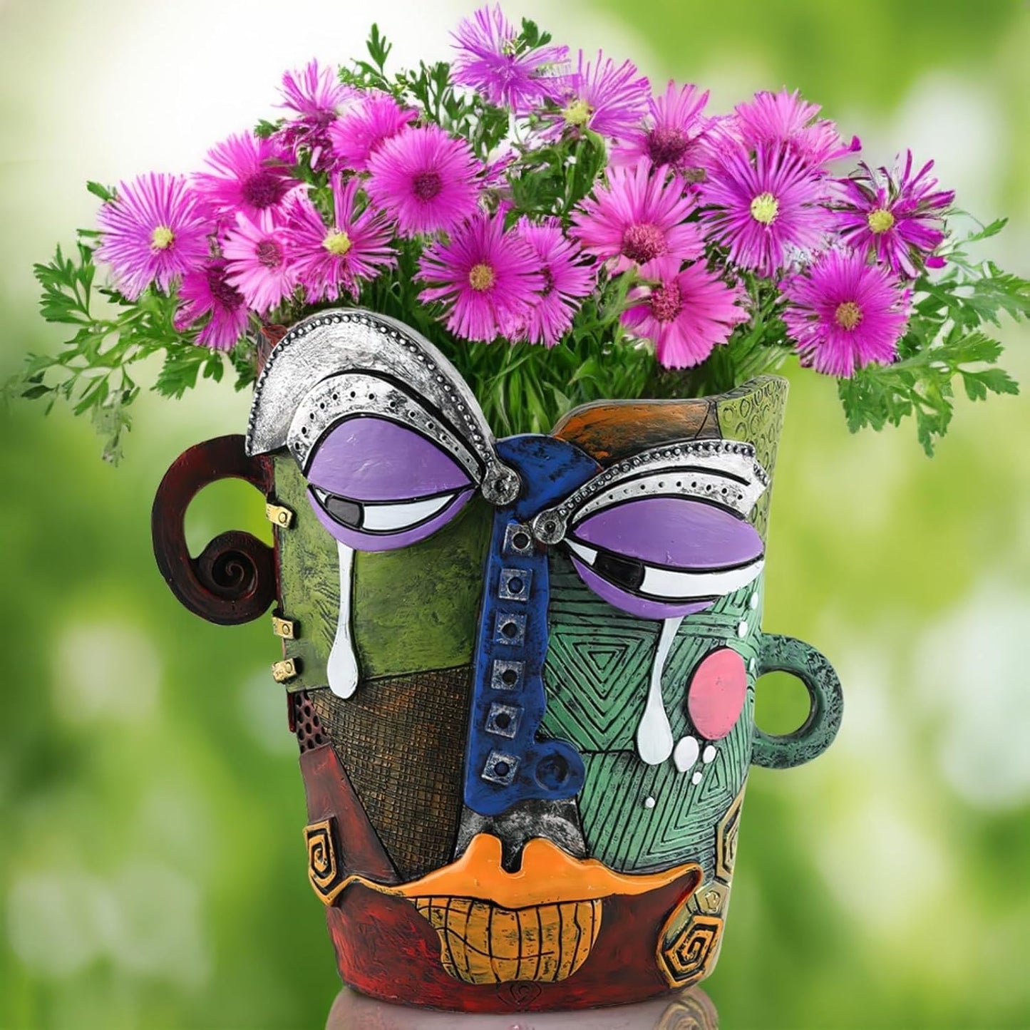Picasso-Inspired Abstract Face Flower Pot | Unique Head Planter with Drainage Hole | Vibrant Colors & Quirky Art Decor (Tears)